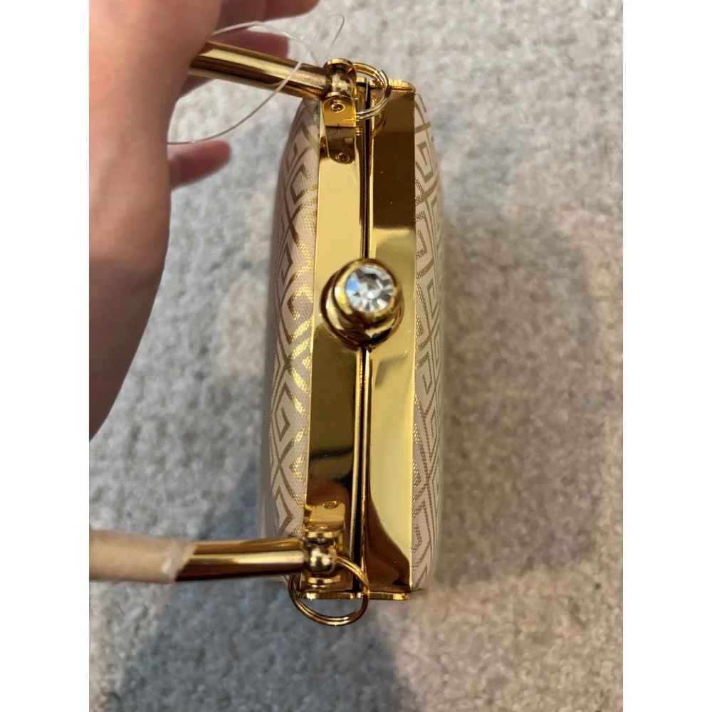 NWOT Bijoux Terner Evening Clutch Bag Small Gold‎ Cream Greek Key Formal Glam